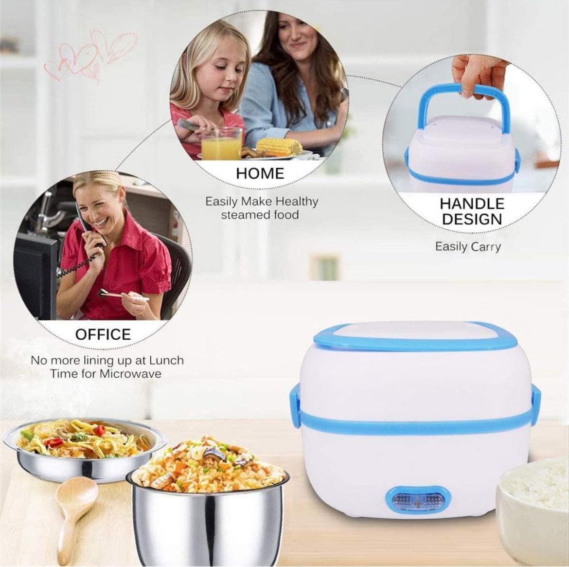 Electric Lunch Box for Office Use | 220V 200W Portable Food Warmer with Removable Stainless Steel Compartments | Compact & Easy to Carry (Pack of 1)