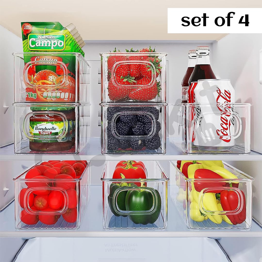 Fridge Organiser Pack of 4 | Transparent Refrigerator Storage Boxes for Vegetables, Fruits & Kitchen Essentials (10” x 4” x 3”)