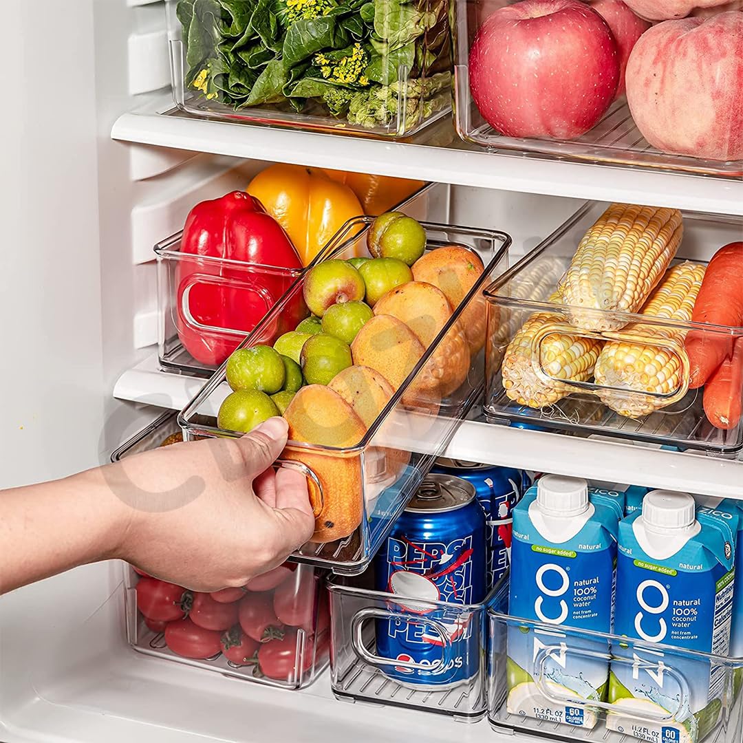 Fridge Organiser Pack of 4 | Transparent Refrigerator Storage Boxes for Vegetables, Fruits & Kitchen Essentials (10” x 4” x 3”)