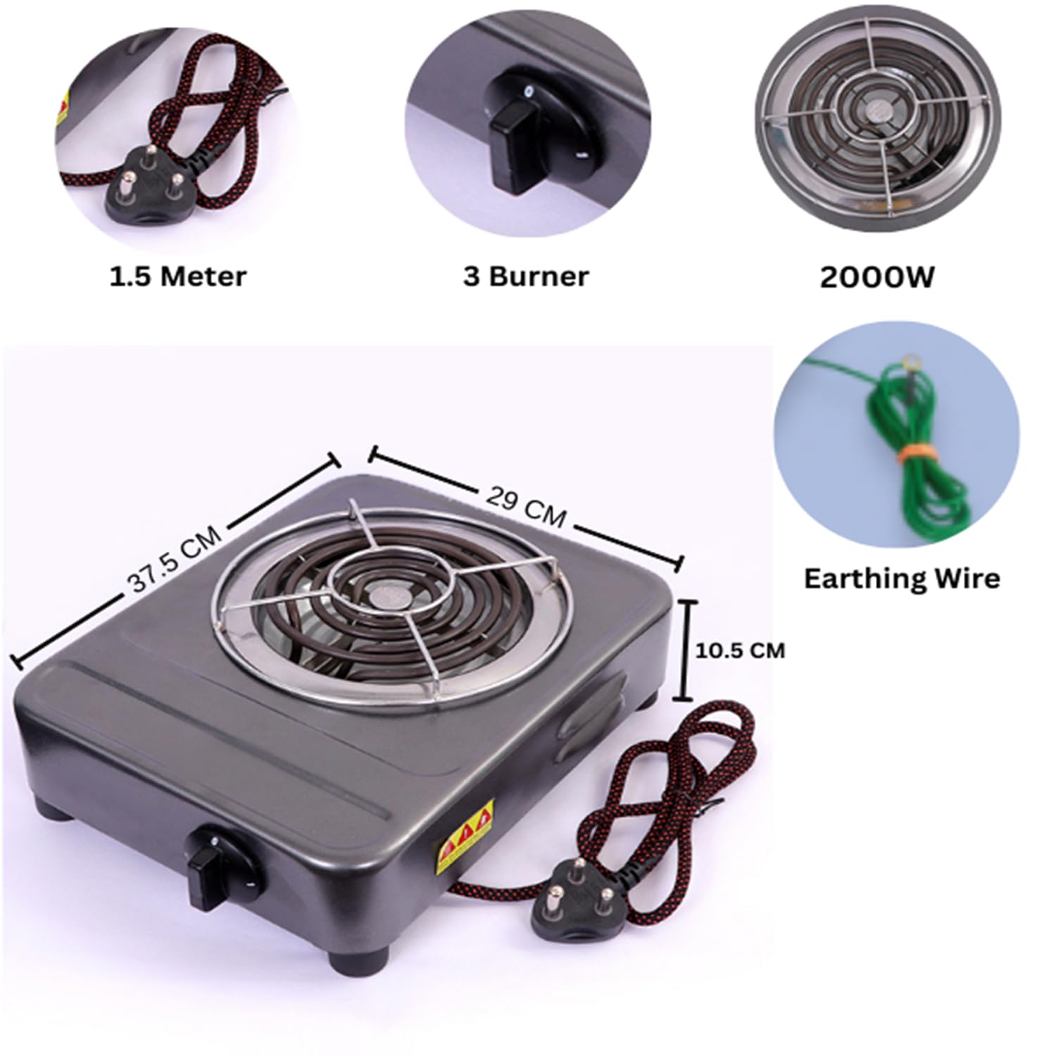 Electric G Coil Hot Plate 2000W | Fast Cooking Electric Stove with Stand – Radiant Induction Cooktop Heater, Black