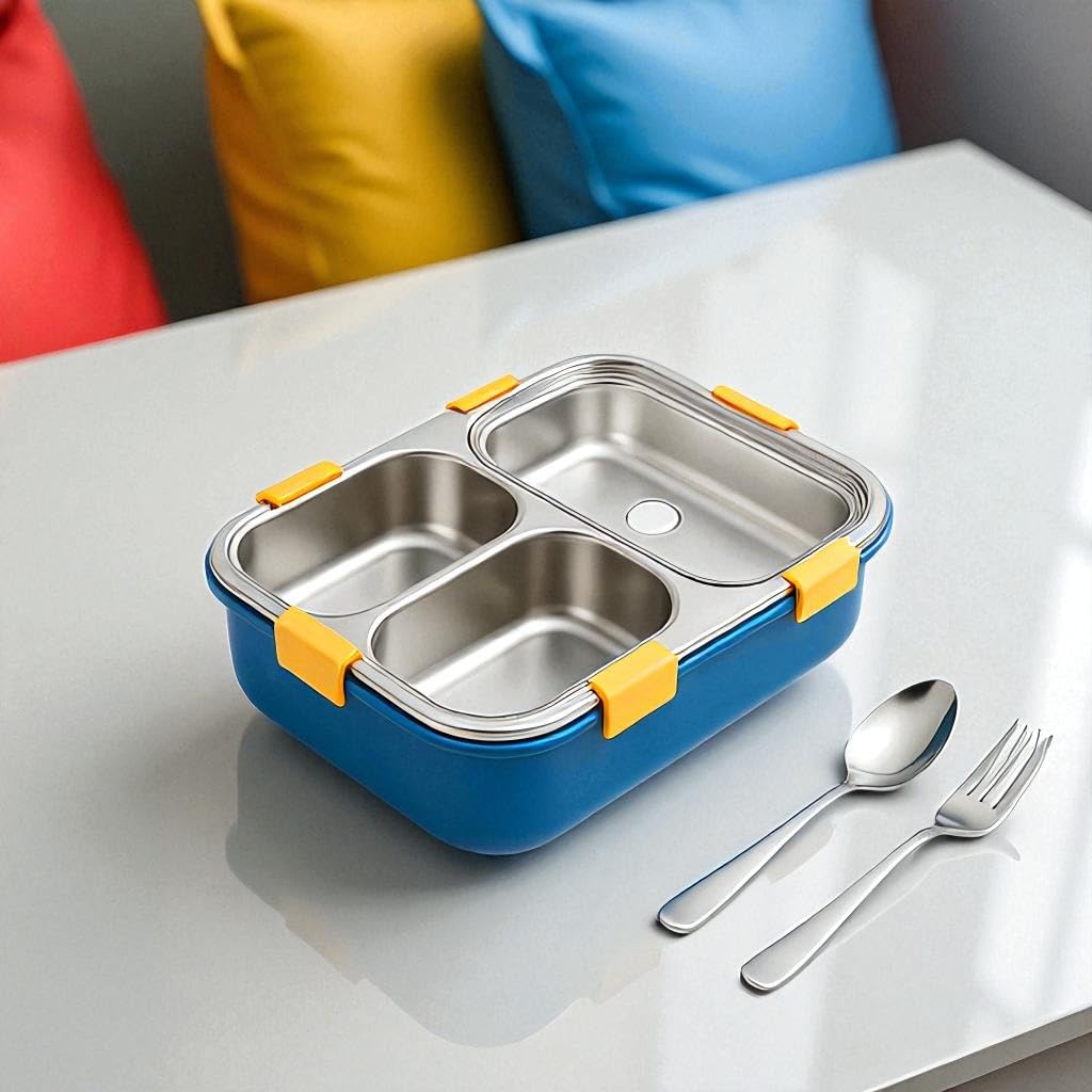 Stainless Steel Lunch Box with 3 Leak-Proof Compartments | Durable, BPA-Free Bento Tiffin | Eco-Friendly & Lightweight Food Container for Office, School & Travel