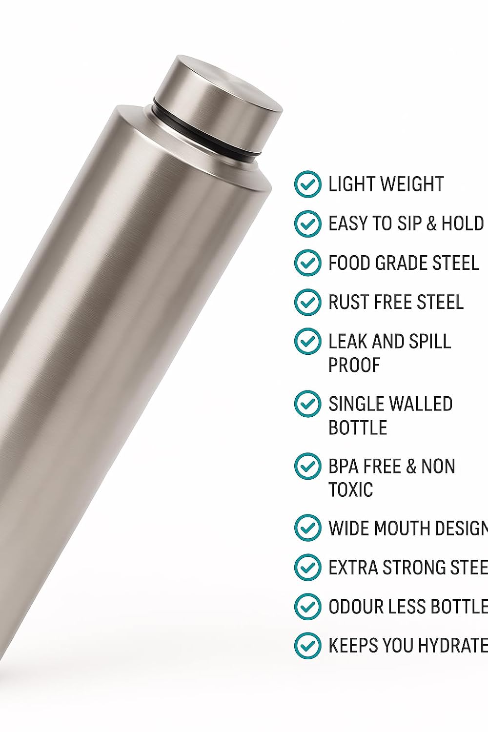 Stainless Steel Water Bottle 1000ml – BPA-Free, Leak-Proof, Lightweight Single Wall Bottle for Home, Office & Travel