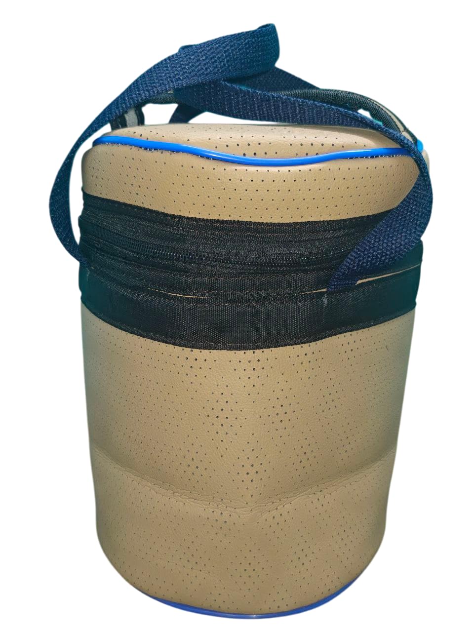Insulated Cylindrical Lunch Bag with Shoulder Strap | Beige & Navy Canvas Thermal Food Carrier (Perforated Design)