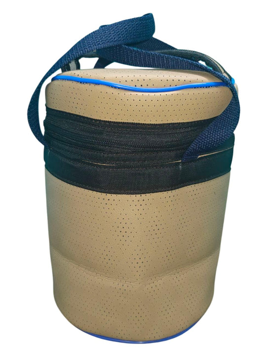 Insulated Cylindrical Lunch Bag with Shoulder Strap | Beige & Navy Canvas Thermal Food Carrier (Perforated Design)
