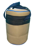 Insulated Cylindrical Lunch Bag with Shoulder Strap | Beige & Navy Canvas Thermal Food Carrier (Perforated Design)