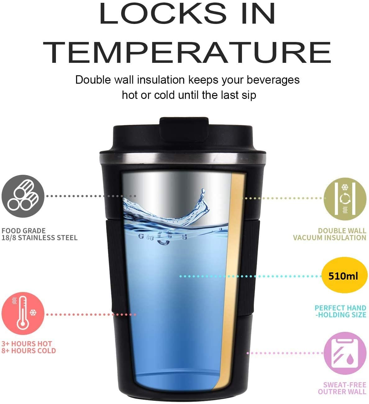 Insulated Travel Coffee Mug 380ML | Double-Wall Stainless Steel Tumbler with Spill-Proof Flip Lid – Hot & Cold Drinks, Black