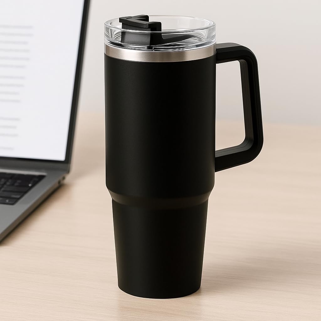 1200ML Stainless Steel Tumbler with Handle & Straw | Double-Wall Insulated Travel Mug | Spill-Proof Lid | Beer & Cold Drink Cup – Black