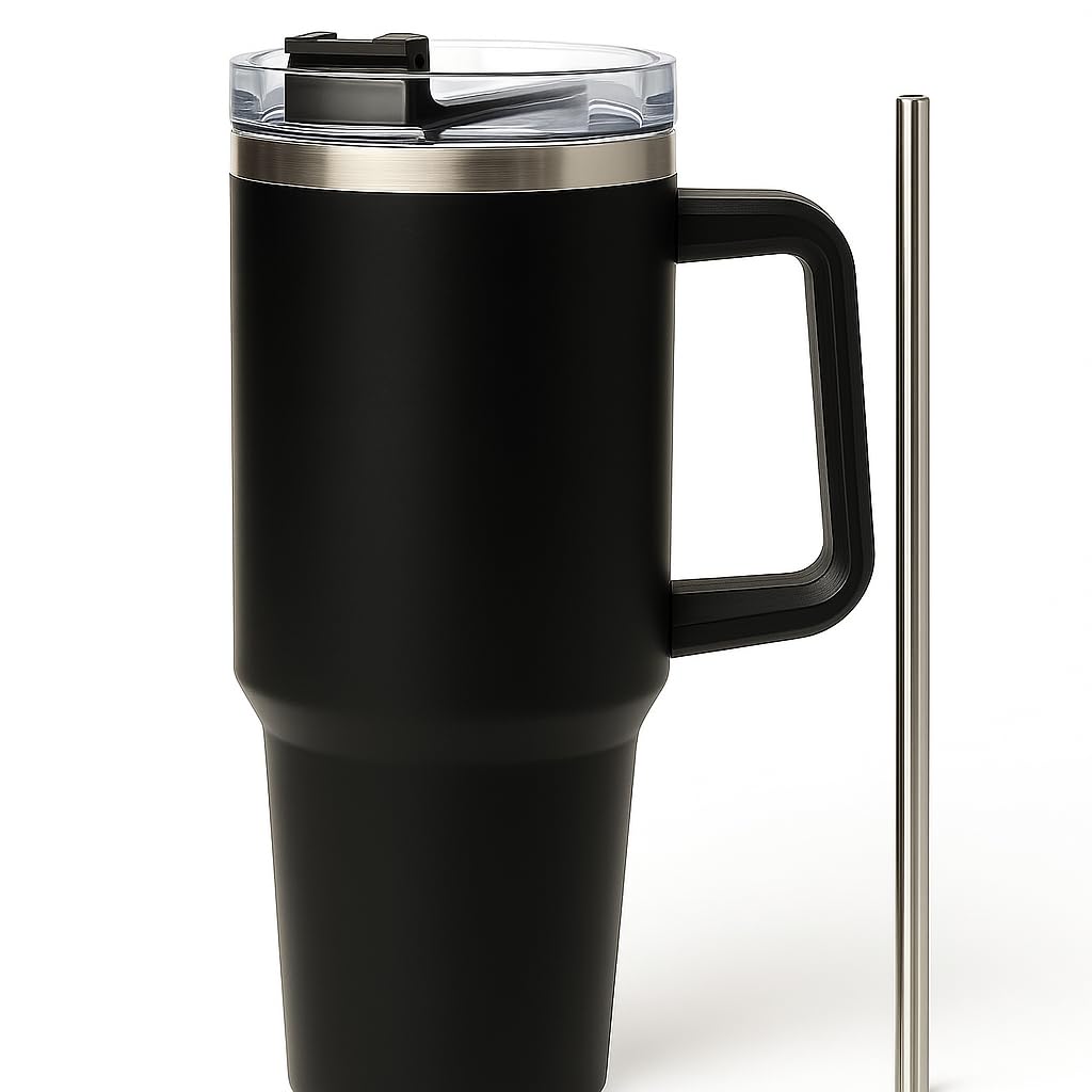 1200ML Stainless Steel Tumbler with Handle & Straw | Double-Wall Insulated Travel Mug | Spill-Proof Lid | Beer & Cold Drink Cup – Black