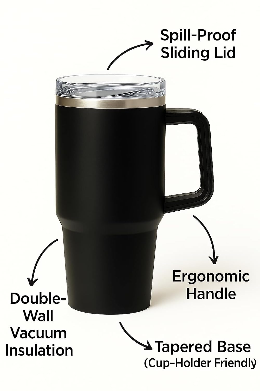 1200ML Stainless Steel Tumbler with Handle & Straw | Double-Wall Insulated Travel Mug | Spill-Proof Lid | Beer & Cold Drink Cup – Black